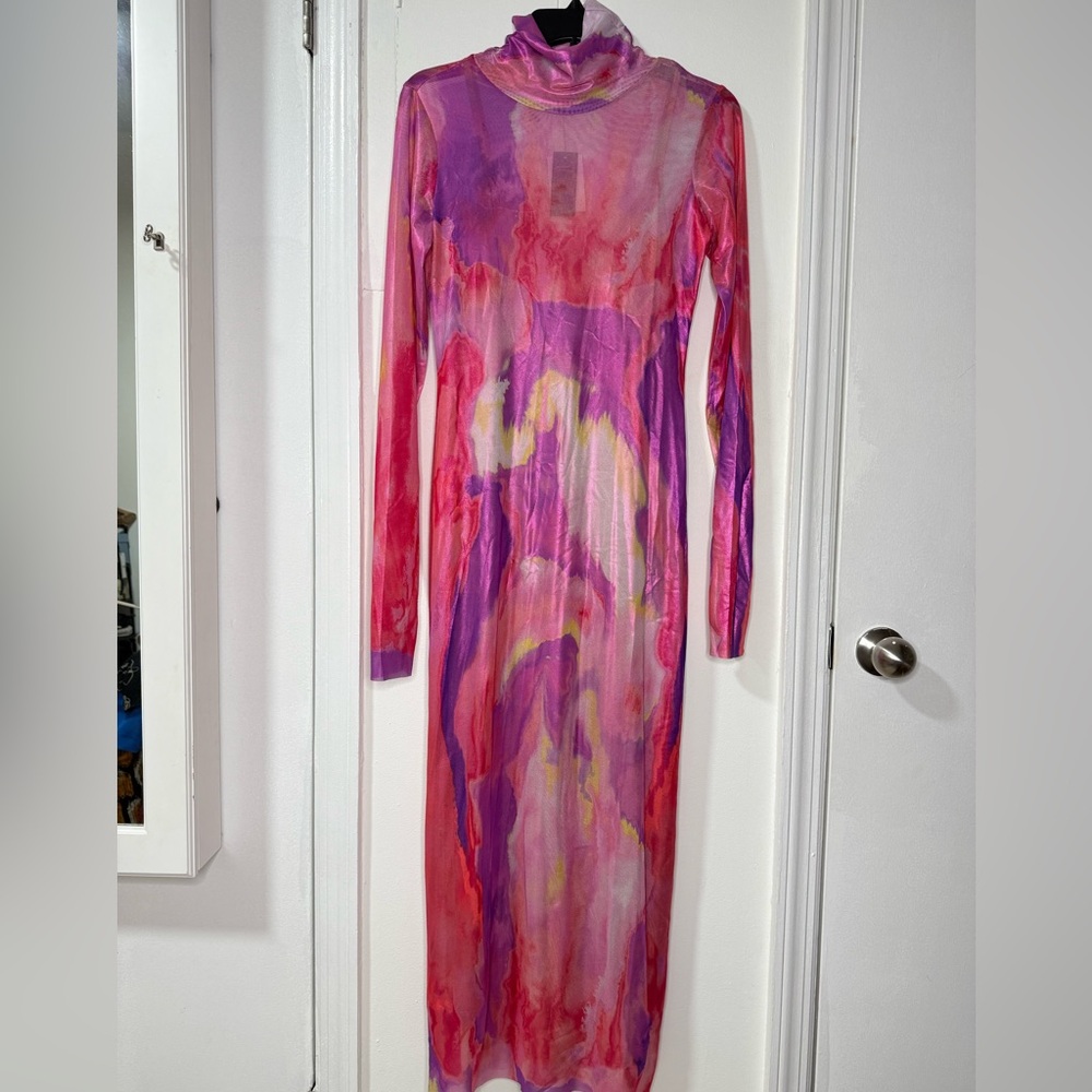 AFRM sheer metallic multicolor mock neck, midi dress with nude tank slip, MEDIUM